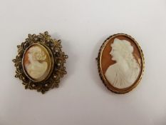 Two Antique Shell Cameo Brooches, one classical profile in 9 ct gold mount, approx 4.3 x 3 cms,