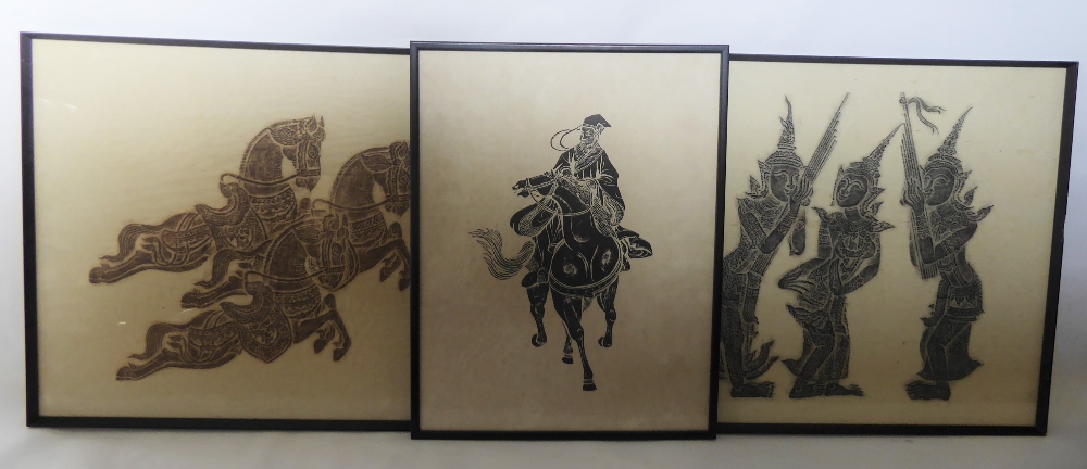 Two Thailand Woodblock Prints on Rice Paper, depicting Temple Musicians and Horses, approx 58 x 51