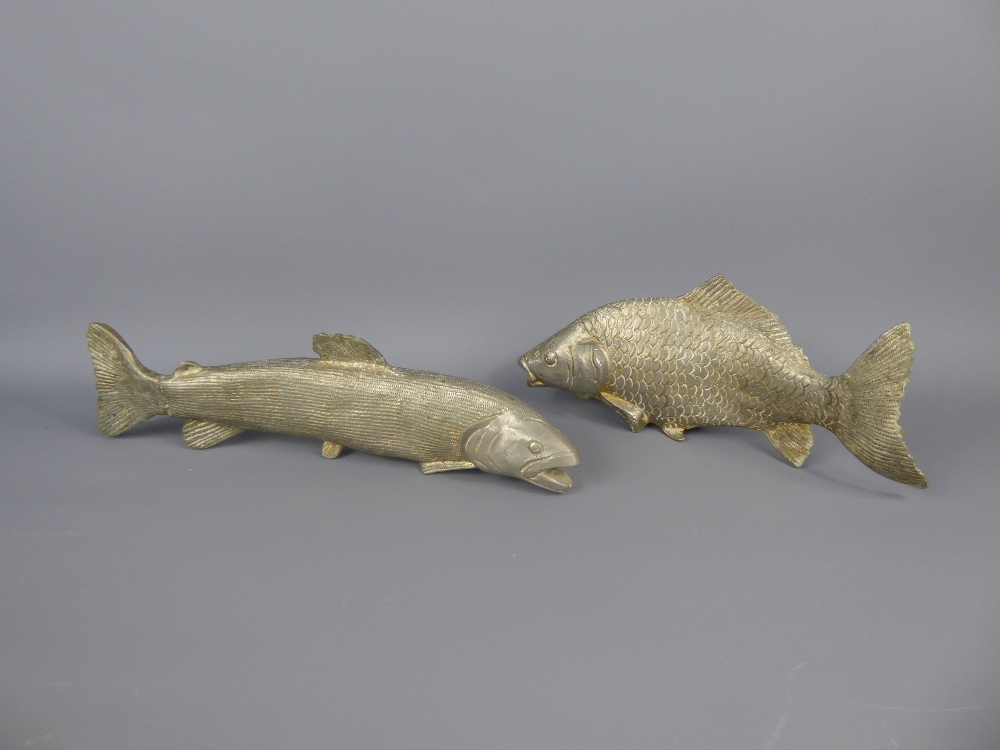 Two Life Size White Metal Fish, including a trout approx 29 cms and a carp approx 25 cms