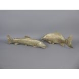 Two Life Size White Metal Fish, including a trout approx 29 cms and a carp approx 25 cms