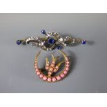 An Antique Yellow Gold Blue and White Stone Brooch, together with another pink stone swallow and