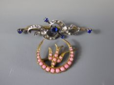 An Antique Yellow Gold Blue and White Stone Brooch, together with another pink stone swallow and
