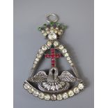 A Silver White, Red and Green Stone Masonic Style Pendant, the pendant having a figurative swan to