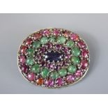 An Antique Indian Silver, Emerald, Ruby, Amethyst and Tourmaline Brooch.