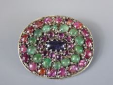 An Antique Indian Silver, Emerald, Ruby, Amethyst and Tourmaline Brooch.