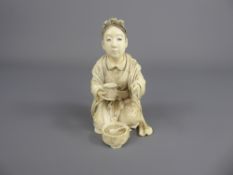 A 19th Century Hand-Carved Ivory Tokyo School Okimono, finely carved Geisha preparing food, approx