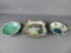 Three Oriental porcelain items including a Japanese antique crackle-glazed candy dish depicting a