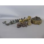 A Chinese Brass Scroll Weight, approx 21 cms together with a dragon boat with figures, approx 34