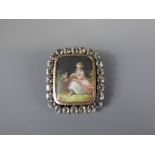 An Antique Hand-Painted White Stone Yellow Gold and Silver Portrait Memorial Miniature, the portrait