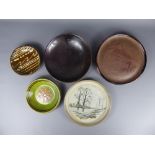 Five Miscellaneous Studio Pottery Items, including an oatmeal plate decorated with a tree/river