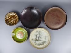 Five Miscellaneous Studio Pottery Items, including an oatmeal plate decorated with a tree/river