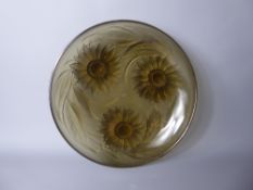 An Art Deco Style Verlys Smoky Quartz Bowl, moulded with sunflowers and leaf decoration, 27 cms d.