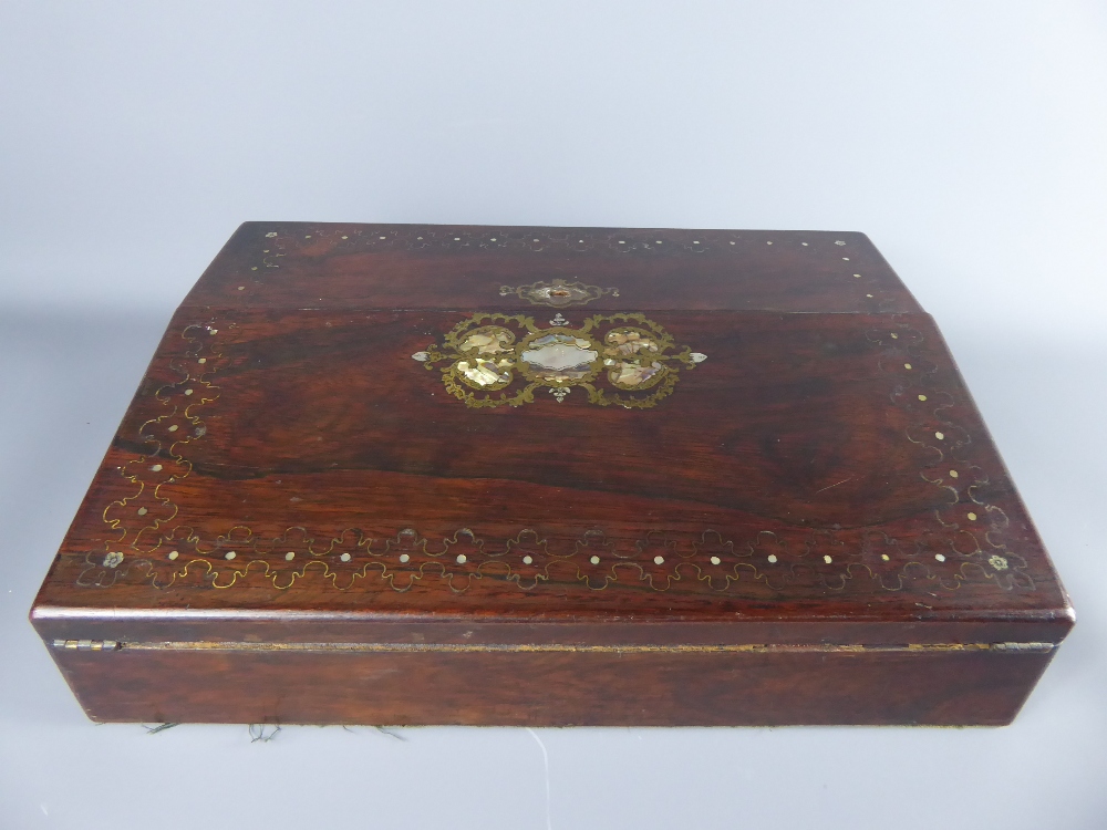 A Rosewood Writing Slope, the top inlaid with gilt and mother of pearl, and opening to reveal a