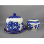 A Victorian Ironstone Blue and White Stilton Dome, together with a blue and white ginger pot and