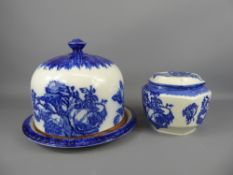 A Victorian Ironstone Blue and White Stilton Dome, together with a blue and white ginger pot and