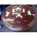 A Chinese Red Lacquer Occasional Table with decorative paint-work and mother of pearl and abalone