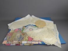 A Quantity of Antique Linen & Lace, including bed covers, table cloths, tray cloths together with