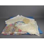 A Quantity of Antique Linen & Lace, including bed covers, table cloths, tray cloths together with