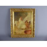 A 19th Century Oil on Canvas, depicting Cockerel and Chickens, approx 24.5 x 19 cms, signed lower