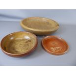 Three Treen items, including a sycamore dairy bowl, small platter and small bowl.