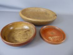 Three Treen items, including a sycamore dairy bowl, small platter and small bowl.