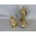 A Brass Chinese Manchu Warrior, approx 24 cms, together with two white metal Dogs of Foo and a white