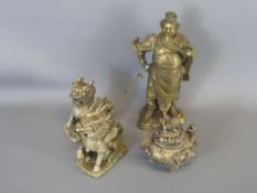 A Brass Chinese Manchu Warrior, approx 24 cms, together with two white metal Dogs of Foo and a white