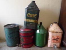 Five Large Oil Drums, including 'Alladin Pink', 'Wells Waste Oil', 'Valor Drum for Coopers motor