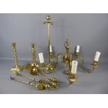 A Collection of Brass, including a ceiling candelabra, pair of candlesticks, single candlestick,