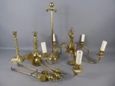 A Collection of Brass, including a ceiling candelabra, pair of candlesticks, single candlestick,