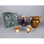 Five Miscellaneous Items, including a brown Willow Jug (unmarked, approx 17.5 cms high), a Victorian