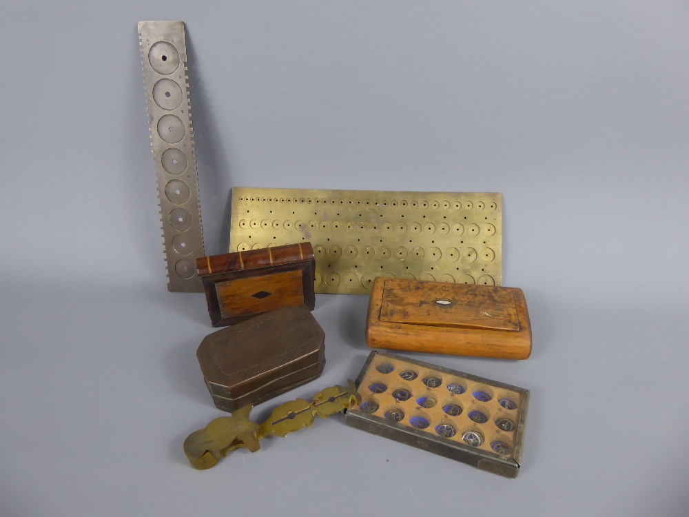 A Gentleman's Lot, including three snuff boxes, sovereign scales, watch wheel parts and brass