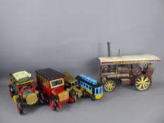 A Collection of Six Vintage Toys, including a metal steam-wheel, steam engine and trolleybus