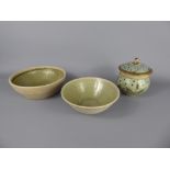 Three St Ives Pottery Stoneware Items (1950's), including two green bowls with celadon glaze, the