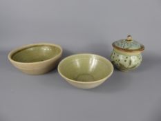 Three St Ives Pottery Stoneware Items (1950's), including two green bowls with celadon glaze, the