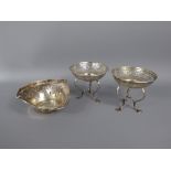 A Pair of Silver Bon Bon Dishes, both with pierced decoration on tripod base, Birmingham hallmark,