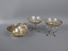 A Pair of Silver Bon Bon Dishes, both with pierced decoration on tripod base, Birmingham hallmark,