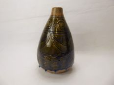 R. Higgs Studio Pottery, ovoid design with green and blue drip glaze, incised decoration, approx