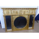 An Antique Gilt Wood Triple Plate Wall Mirror, with classical frieze. Simple cornice having corvetto