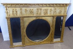 An Antique Gilt Wood Triple Plate Wall Mirror, with classical frieze. Simple cornice having corvetto