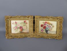 A Pair of Miniature Oils on Board, Floral Still Life, approx 13 x 9 cms, framed, label to verso