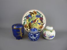 Two Chinese Ginger Jars, together with a deep blue and gilt Cloisonné-type jar with pink enamelled