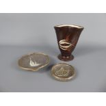 Three Winchcombe Pottery Items, including an earthenware brown-glazed vase decorated with a fish,