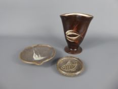 Three Winchcombe Pottery Items, including an earthenware brown-glazed vase decorated with a fish,