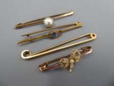 Four Antique Stock Pins, including a pearl bar brooch, pearl approx 7.25 mm, sapphire brooch