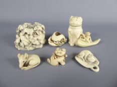 Miscellaneous Reproduction Netsuke, including puppy, rat, melon, figure of man and mice feeding on a