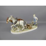 A Mid 20th Century Porcelain Group, unmarked, probably Continental, of a horse-drawn plough team,