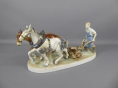 A Mid 20th Century Porcelain Group, unmarked, probably Continental, of a horse-drawn plough team,