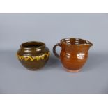 Two Early Rare (1930's) St Ives Earthenware Items, including a brown-glazed milk jug, approx 10.5