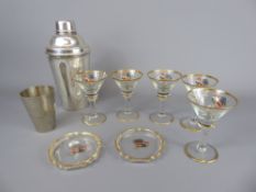 A Set of Gilt Edge Martini Glasses, the sides of the glasses depicting a rooster motiff plus two